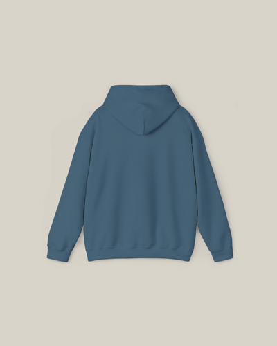 Back view of the Taily Bird embroidered hoodie in indigo blue, showcasing its minimal streetwear style.