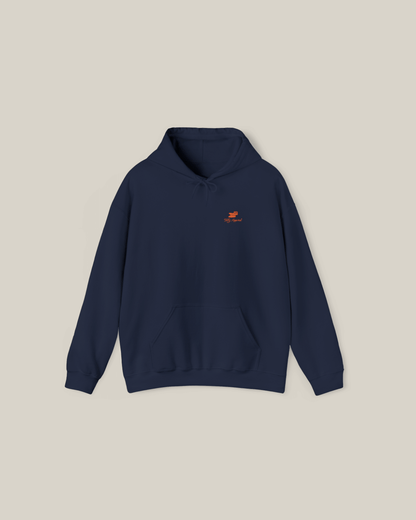Taily Bird embroidered hoodie in navy color with orange bird embroidery and front pocket.