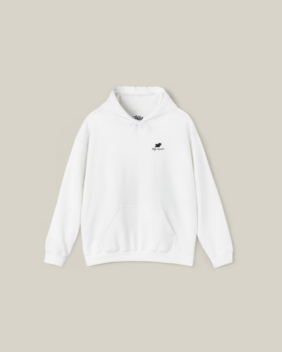 Taily Bird embroidered hoodie in white minimal streetwear style, featuring small bird embroidery on the front.