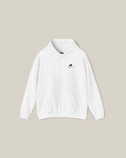 Taily Bird embroidered hoodie in white minimal streetwear style, featuring small bird embroidery on the front.