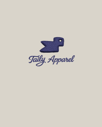 Taily Bird embroidered hoodie logo featuring Taily Apparel with a bird icon in purple on a light background.