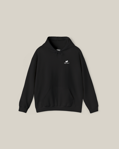 Taily Bird embroidered hoodie in black with small bird embroidery on the chest, showcasing minimal streetwear style.