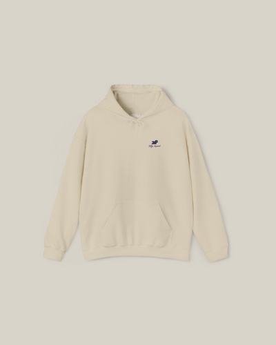 Taily Bird embroidered hoodie in sand color with signature embroidery design for minimal streetwear style.