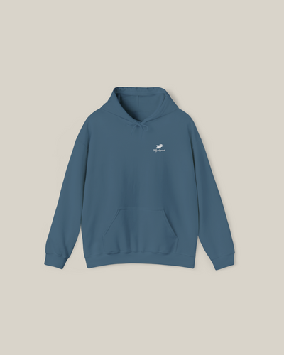 Taily Bird embroidered hoodie in indigo blue with front pocket and minimal chest logo design.