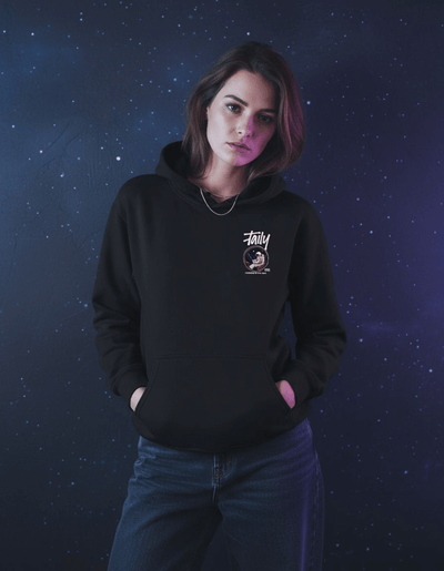 Model wearing Taily "Space Club" Streetwear Graphic Hoodie in black against a cosmic starry background.