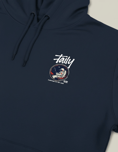 Taily Space Club Streetwear Graphic Hoodie in navy featuring astronaut and "Floating in the Void" design.
