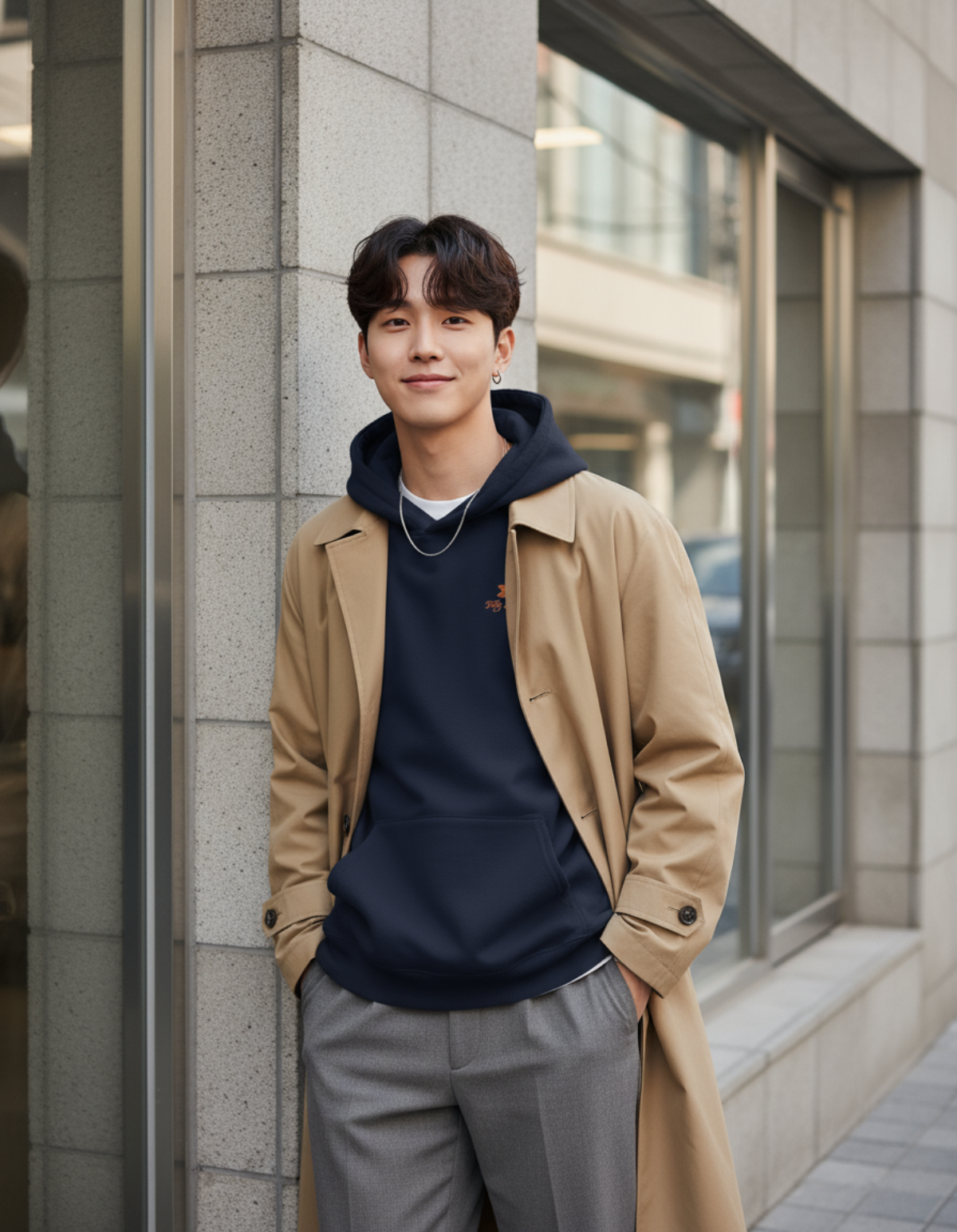 Young man wearing Taily Bird embroidered hoodie in navy with tan coat, posing outdoors.