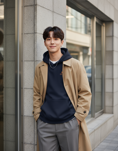 Young man wearing Taily Bird embroidered hoodie in navy with tan coat, posing outdoors.