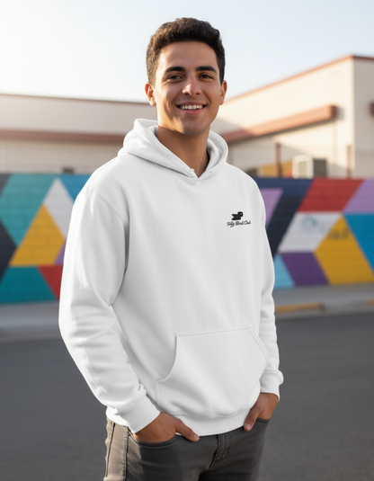 Taily Bird embroidered hoodie model wearing white minimal streetwear against colorful background.