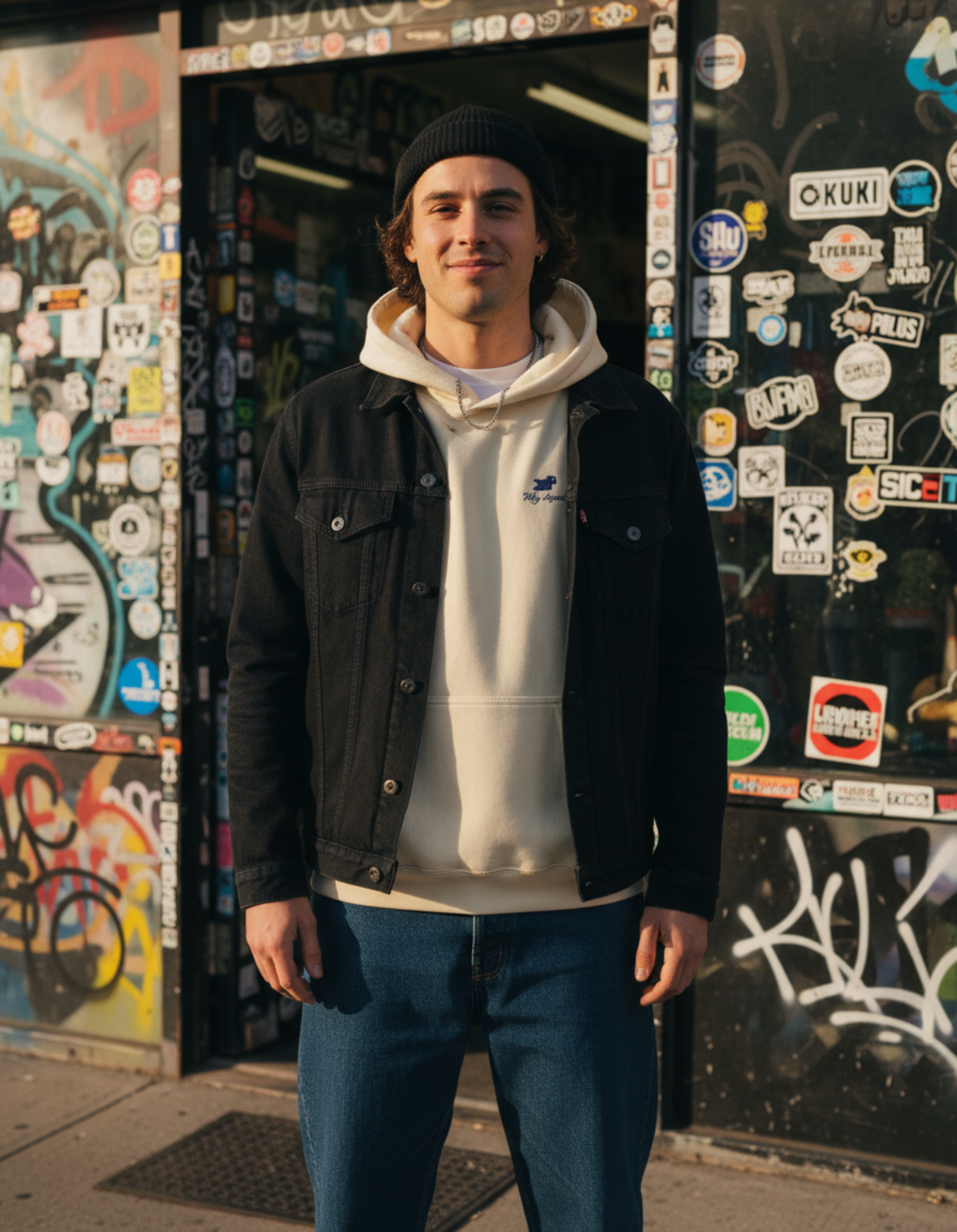 Taily Bird embroidered hoodie worn by a man standing outside a store with stickers, showcasing minimal streetwear style.