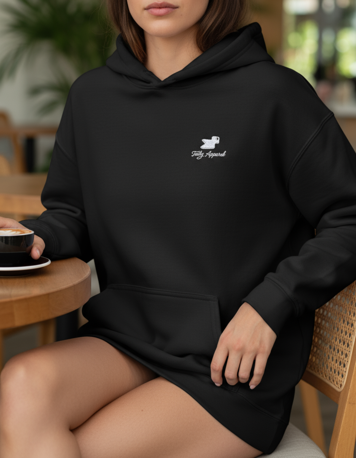 Model wearing Taily Bird embroidered hoodie in black while holding a cup of coffee at a cozy café.