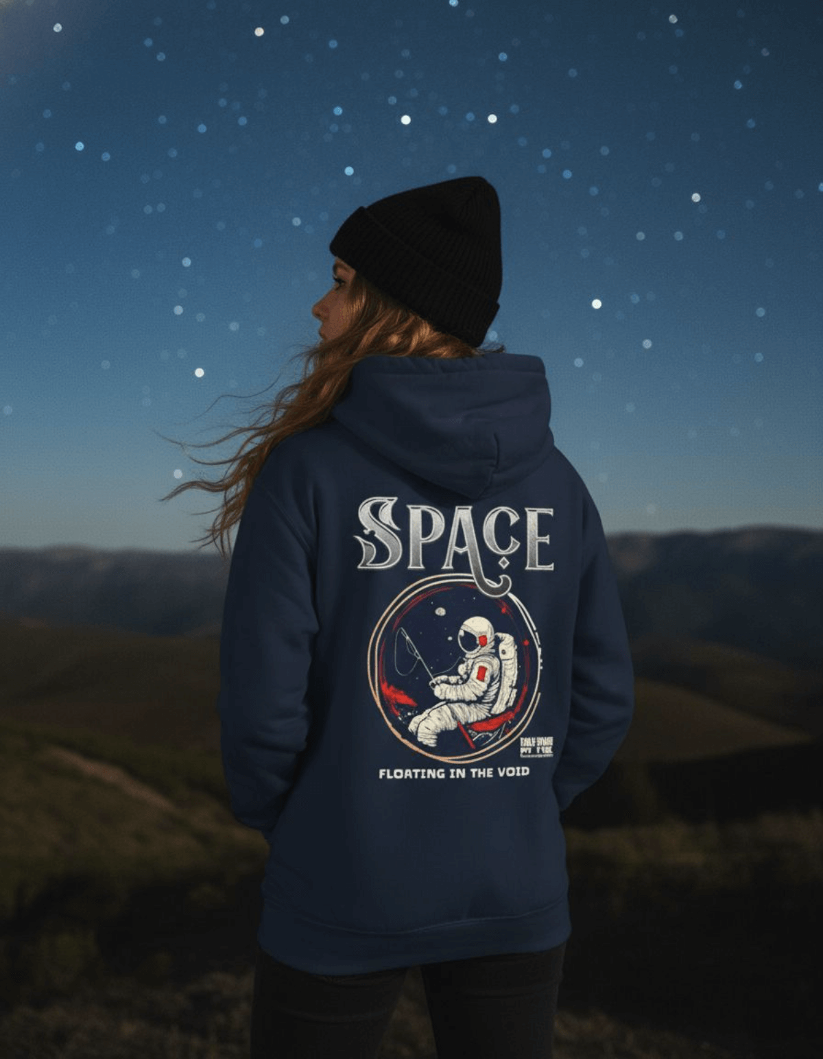 Taily Space Club Streetwear Graphic Hoodie in navy with astronaut design and "Floating in the Void" text.