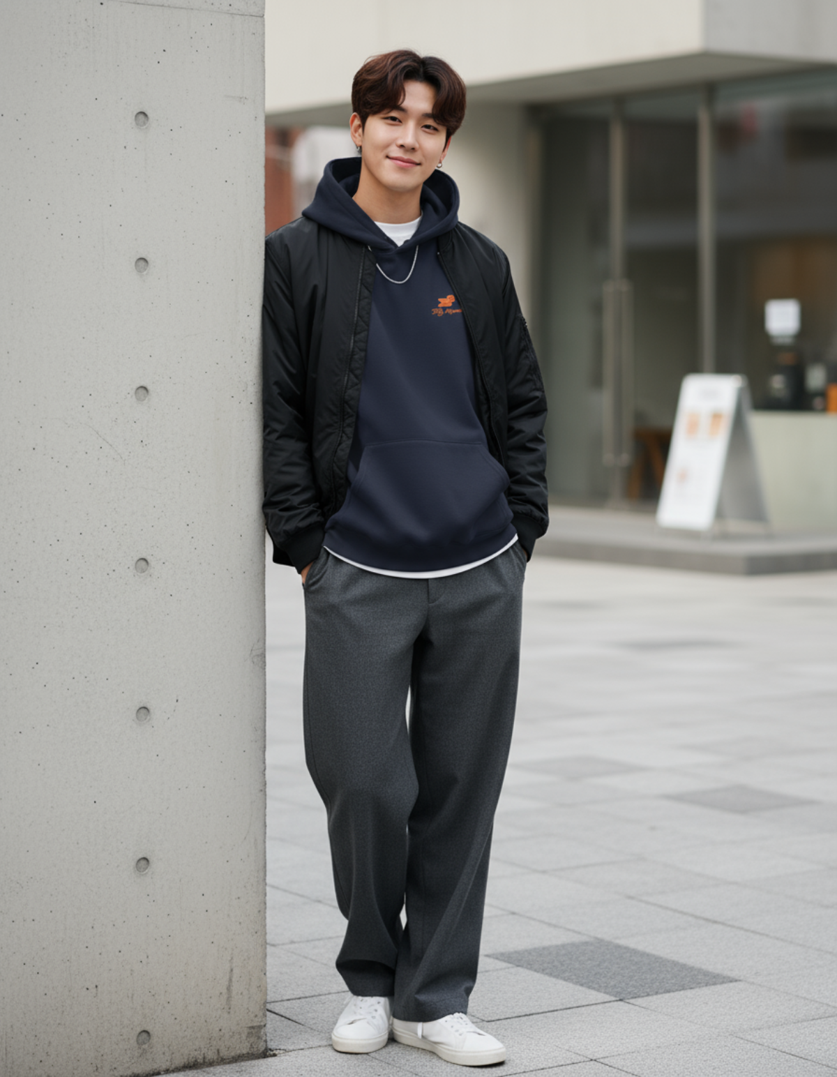 Taily Bird embroidered hoodie worn by a young man, styled with a black jacket and relaxed trousers, in a modern urban setting.