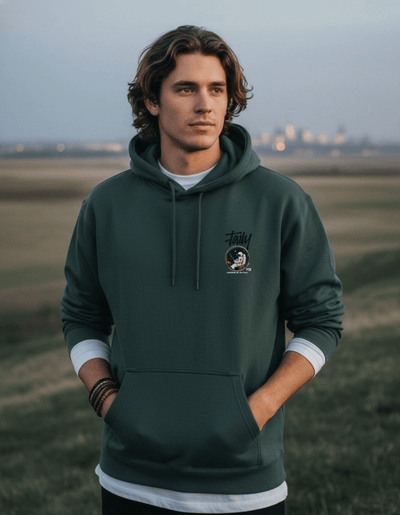Taily “Space Club” Streetwear Graphic Hoodie in sports green worn by model outdoors.