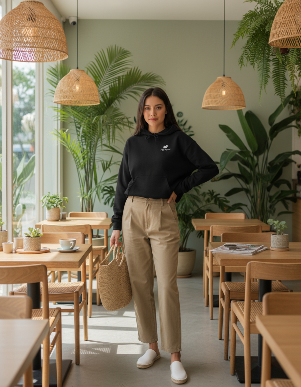Model wearing Taily Bird embroidered hoodie in black with cream pants and basket bag in a bright cafe setting.