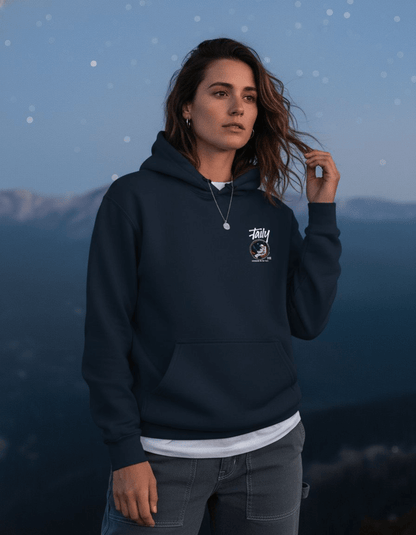 Taily Space Club Streetwear Graphic Hoodie in navy worn by a model outdoors against a starry sky.