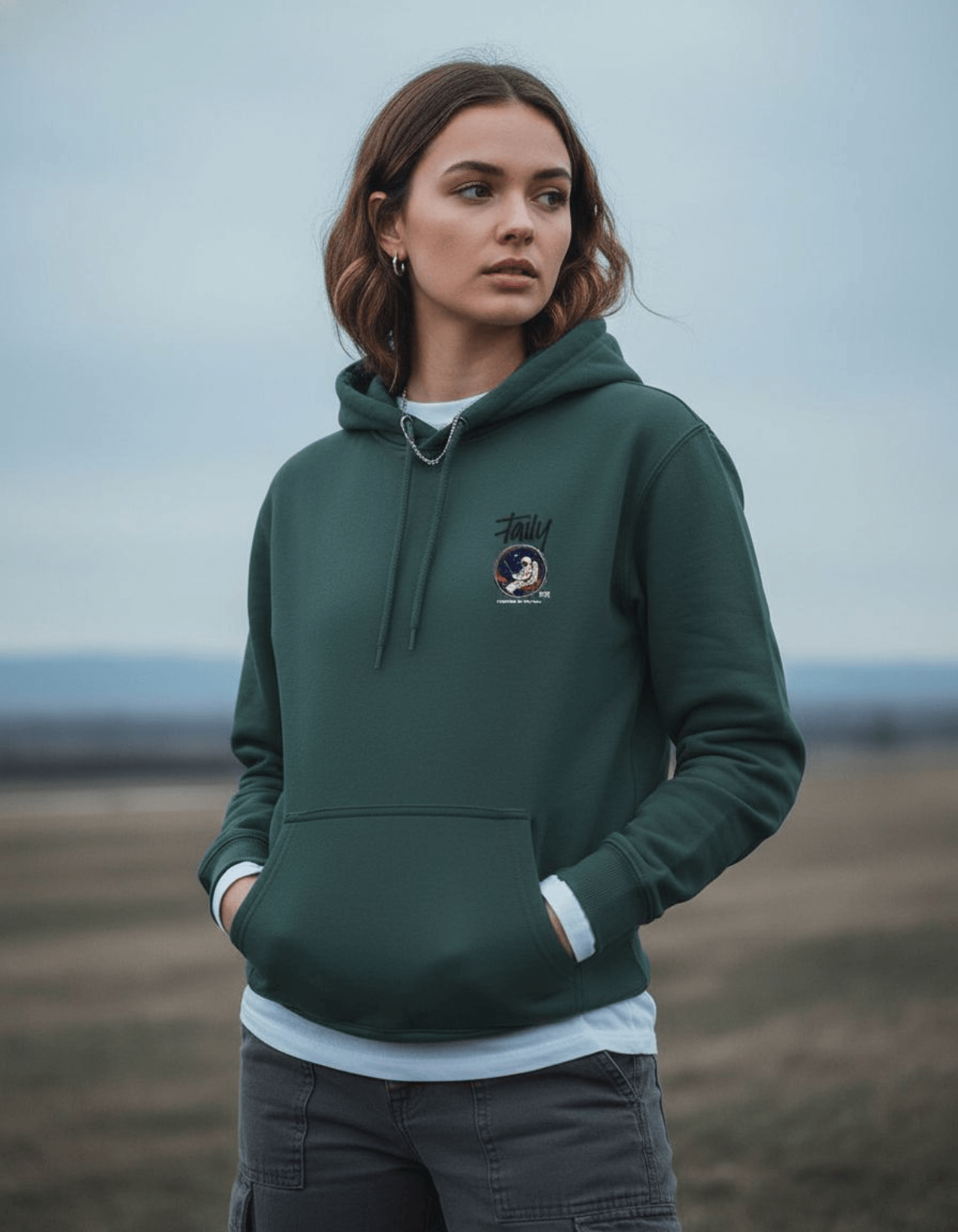 Young woman wearing Taily "Space Club" Streetwear Graphic Hoodie in sports green, showcasing a cosmic design.