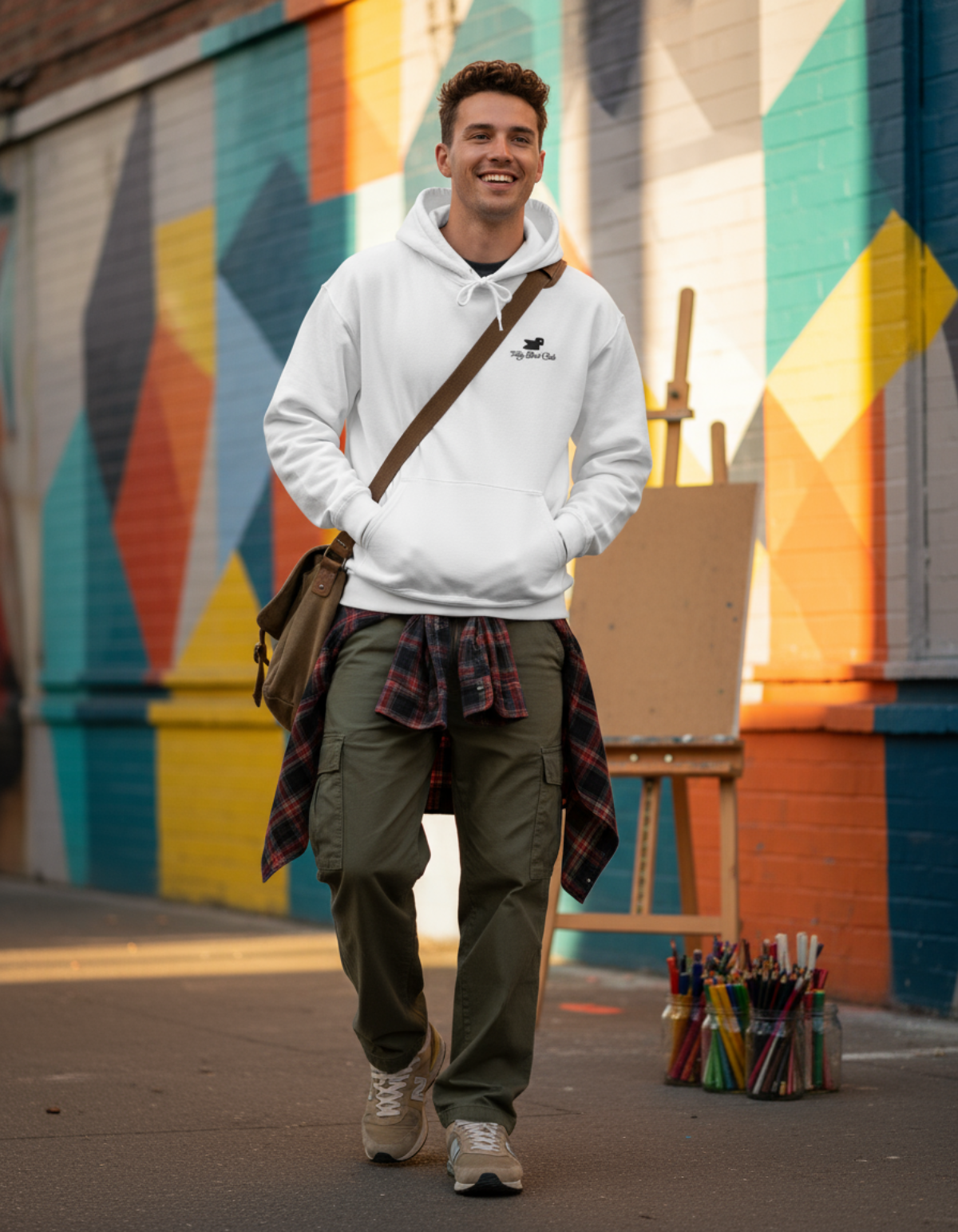 Young man wearing a Taily Bird embroidered hoodie in white, styled casually with a backpack and plaid shirt.