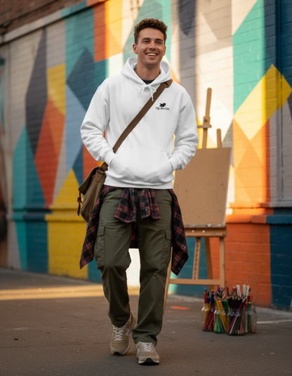 Young man wearing a Taily Bird embroidered hoodie in white, styled casually with a backpack and plaid shirt.