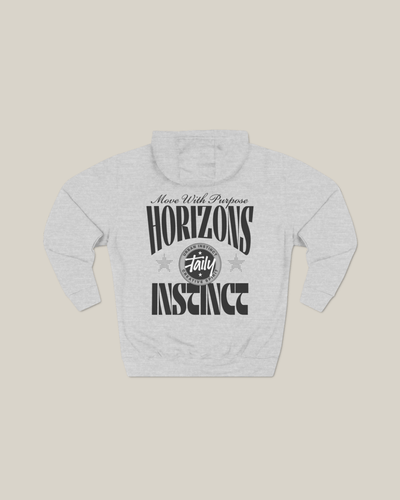 Taily Horizons Instinct Hoodie in Heather Grey featuring bold back graphic and logo.