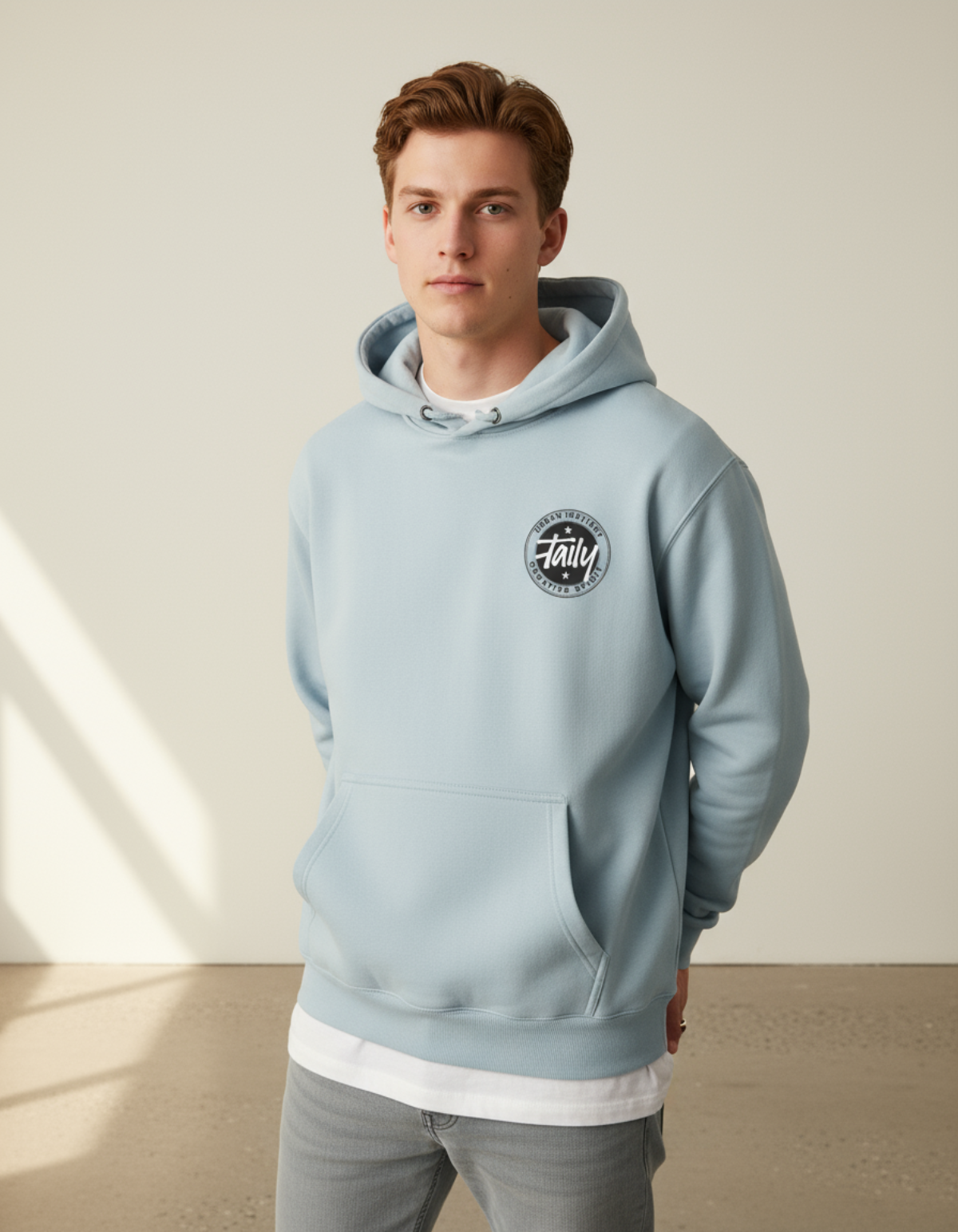 Young man wearing Taily Horizons Instinct Hoodie in Blue Mist, showcasing bold logo and relaxed fit.