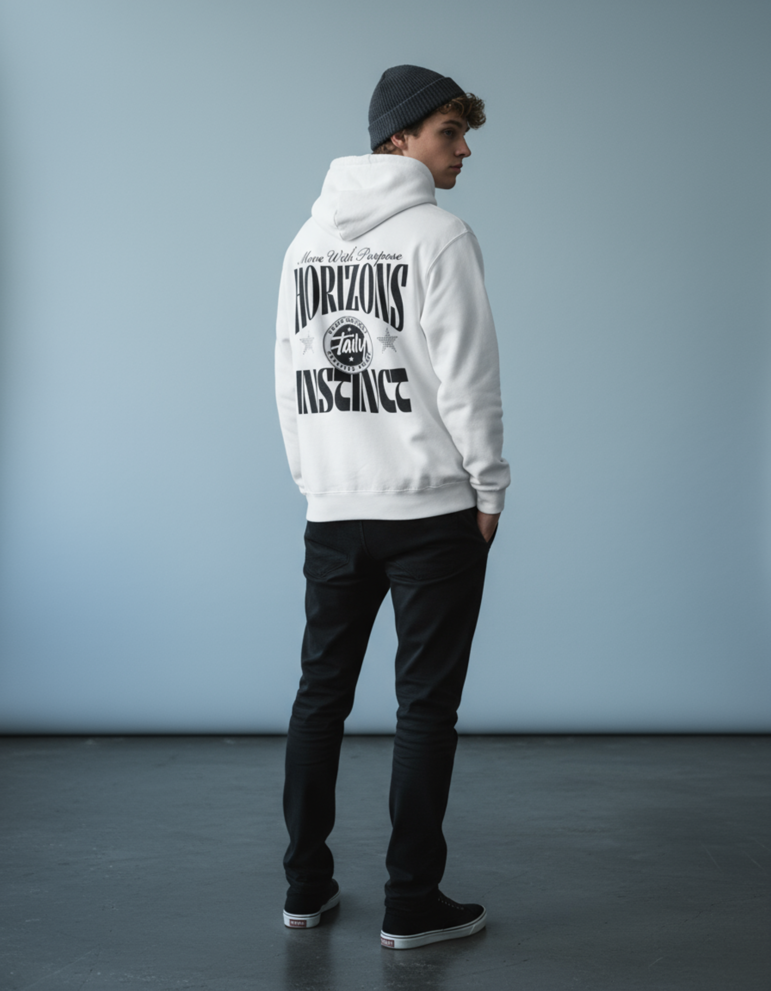 Model wearing Taily Horizons Instinct Hoodie – White from Taily Apparel, showcasing modern streetwear style.