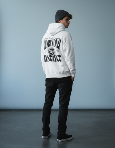 Model wearing Taily Horizons Instinct Hoodie – White from Taily Apparel, showcasing modern streetwear style.