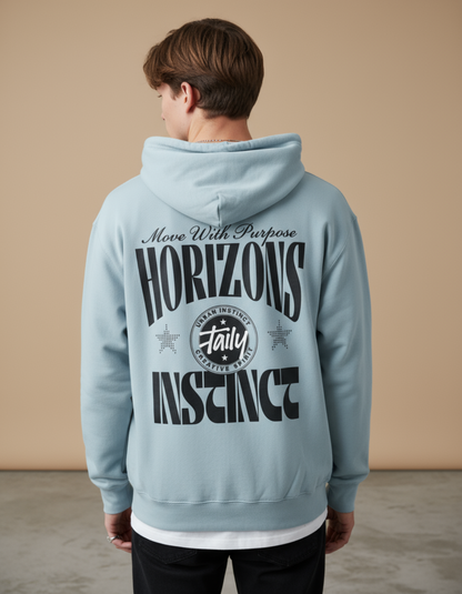 Taily Horizons Instinct Hoodie in Blue Mist showcasing bold graphics and relaxed fit from Taily Apparel.