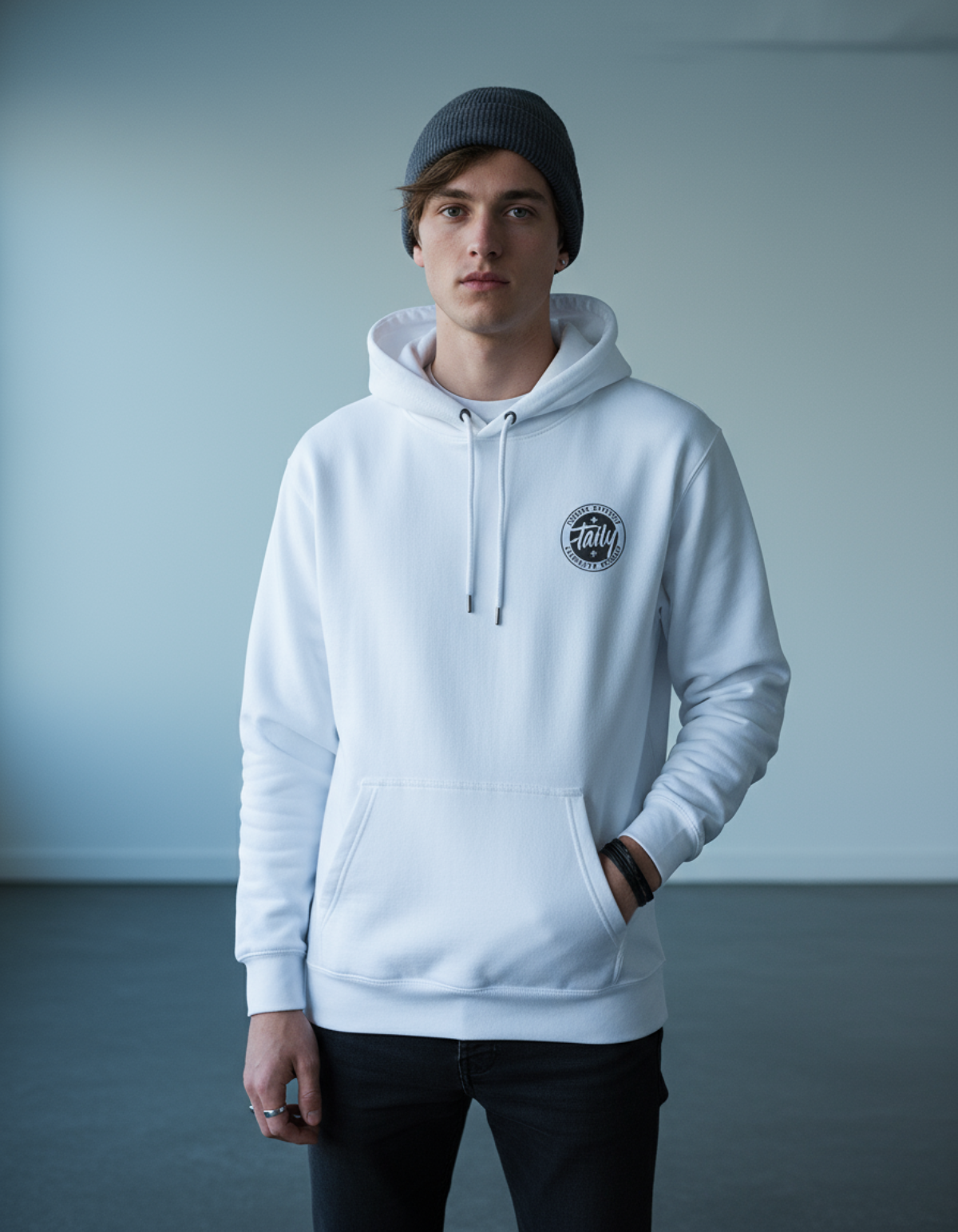 Taily Horizons Instinct Hoodie – White worn by a model, showcasing modern streetwear style and relaxed fit.