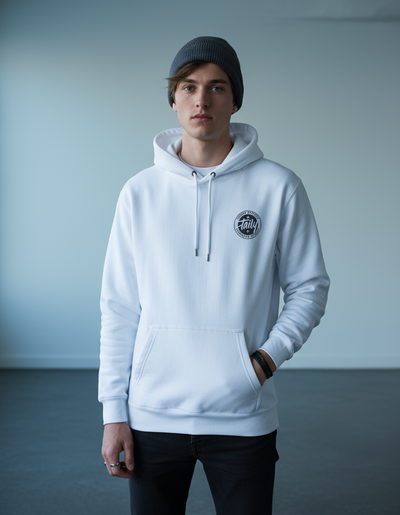 Taily Horizons Instinct Hoodie – White worn by a model, showcasing modern streetwear style and relaxed fit.