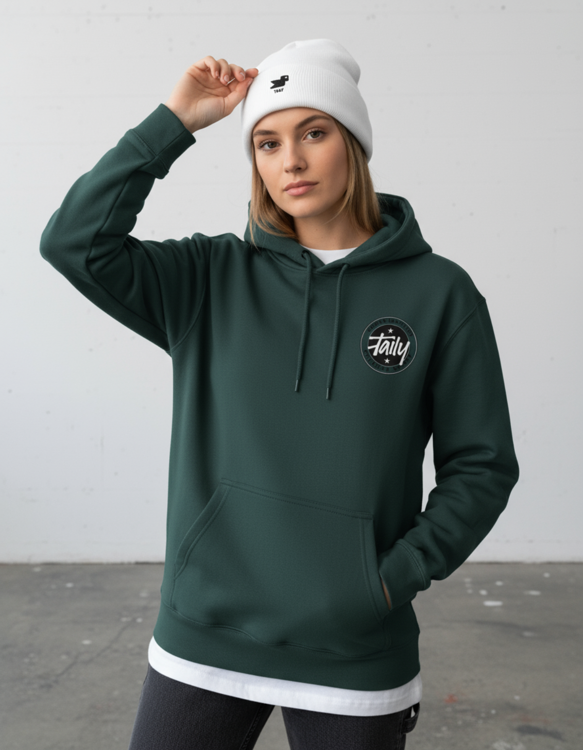 Woman wearing Taily Horizons Instinct Hoodie – Sports Green by Taily Apparel with a beanie.