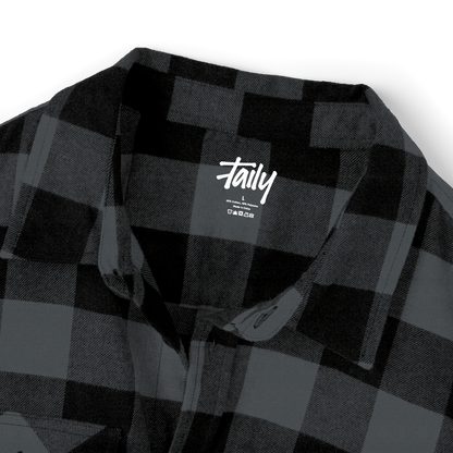Taily Coffee flannel shirt in Charcoal Heather with a classic plaid pattern and logo detail on the collar.