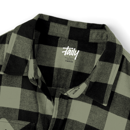 Taily Coffee flannel shirt showing olive plaid pattern and front collar detail.