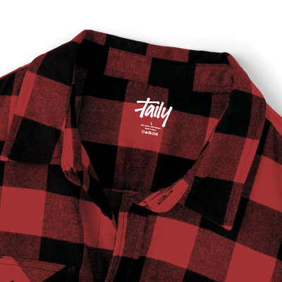 Taily Coffee flannel shirt – Red with black and red buffalo plaid pattern, showcasing the Taily brand label.