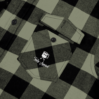 Taily Coffee flannel shirt in Olive featuring embroidered front pocket and classic buffalo plaid pattern.