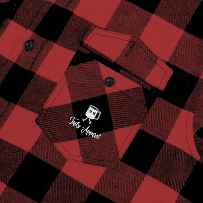 Taily Coffee flannel shirt in red buffalo-plaid pattern featuring an embroidered pocket logo.