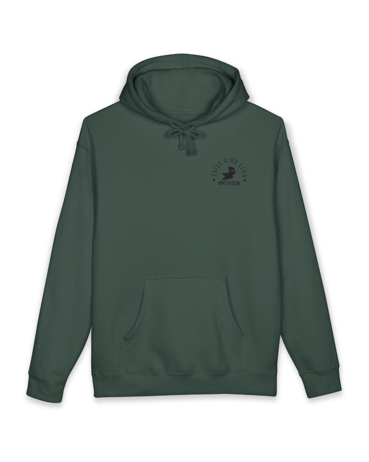 Taily Bird Club Winter Glow Hoodie in Alpine Green with front emblem and cozy design