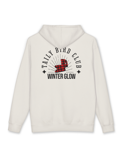 Taily Bird Club Winter Glow Hoodie – Bone showcasing the back design with Winter Glow emblem and vintage diner-style lettering.