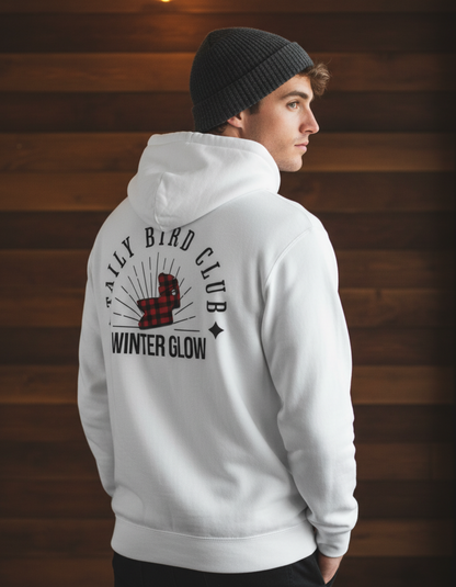 Taily Bird Club Winter Glow Hoodie in white featuring vintage graphic and cozy design, perfect for winter fashion.