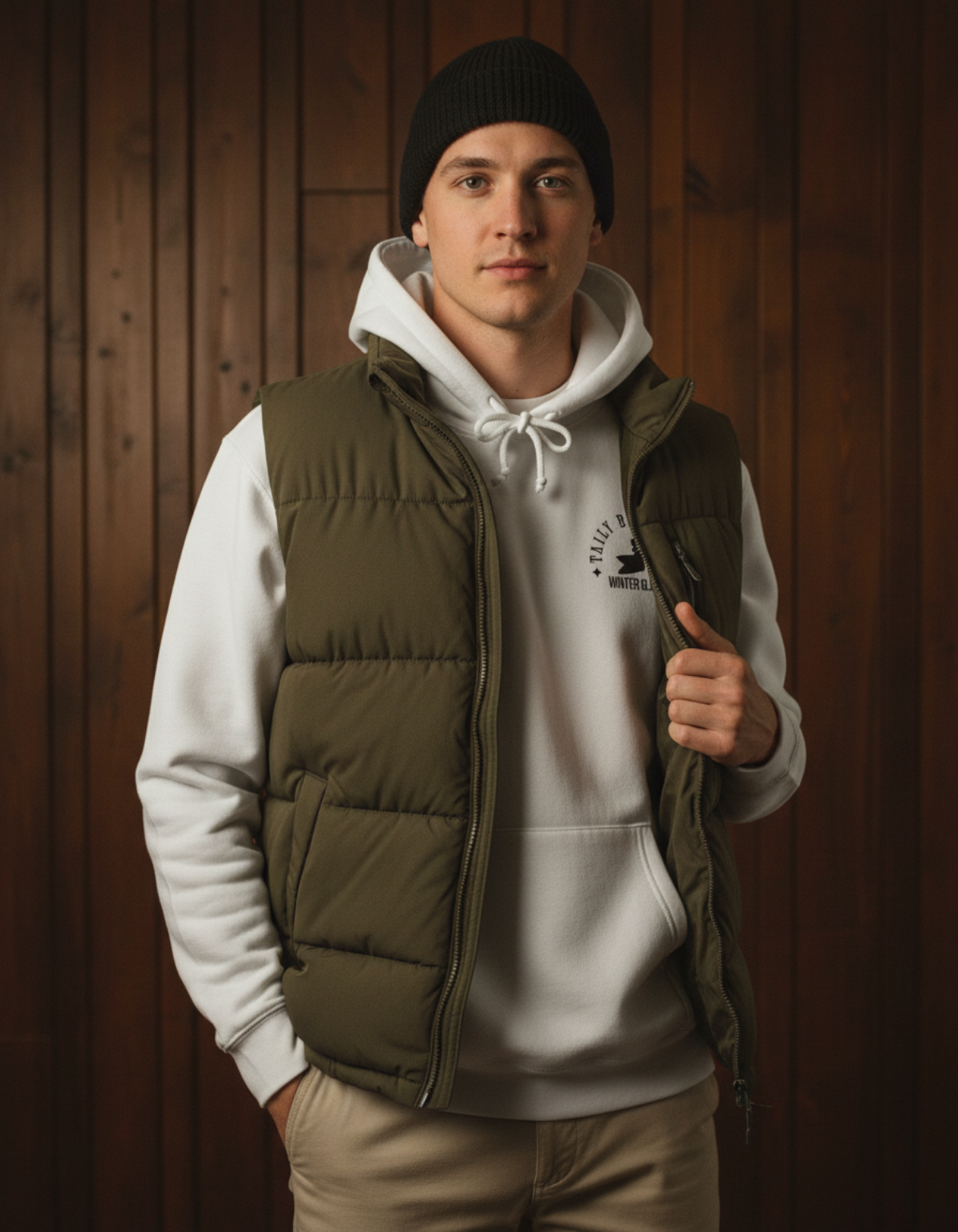 Young man wearing Taily Bird Club Winter Glow Hoodie in white under a green puffer vest, posing against a wooden background.