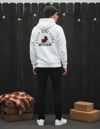 Model wearing the Taily Bird Club Winter Glow Hoodie in white, showcasing the back design with bold graphics.