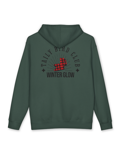 Taily Bird Club Winter Glow Hoodie in Alpine Green, showcasing bold graphic and vintage diner-style lettering on the back.