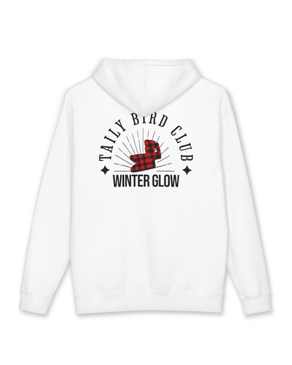 Back view of the Taily Bird Club Winter Glow Hoodie in white with bold graphic design.
