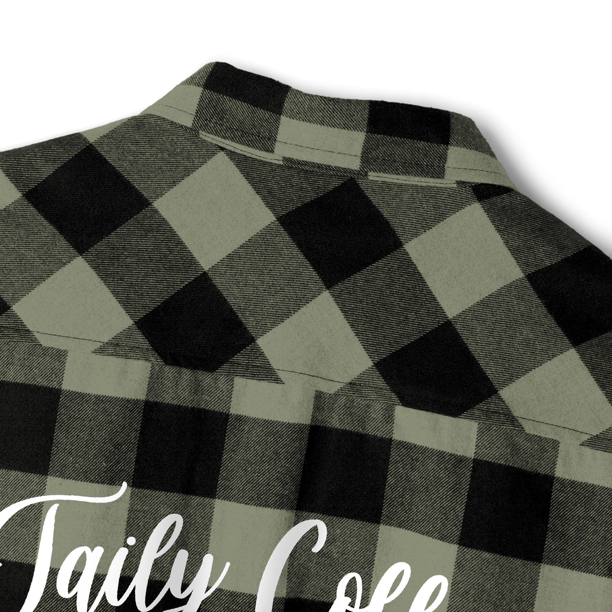 Taily Coffee flannel shirt in Olive showing buffalo plaid design and embroidered detail on the back.