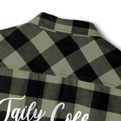 Taily Coffee flannel shirt in Olive showing buffalo plaid design and embroidered detail on the back.