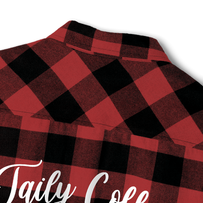 Back view of the Taily Coffee flannel shirt in red buffalo-plaid pattern with signature logo design.