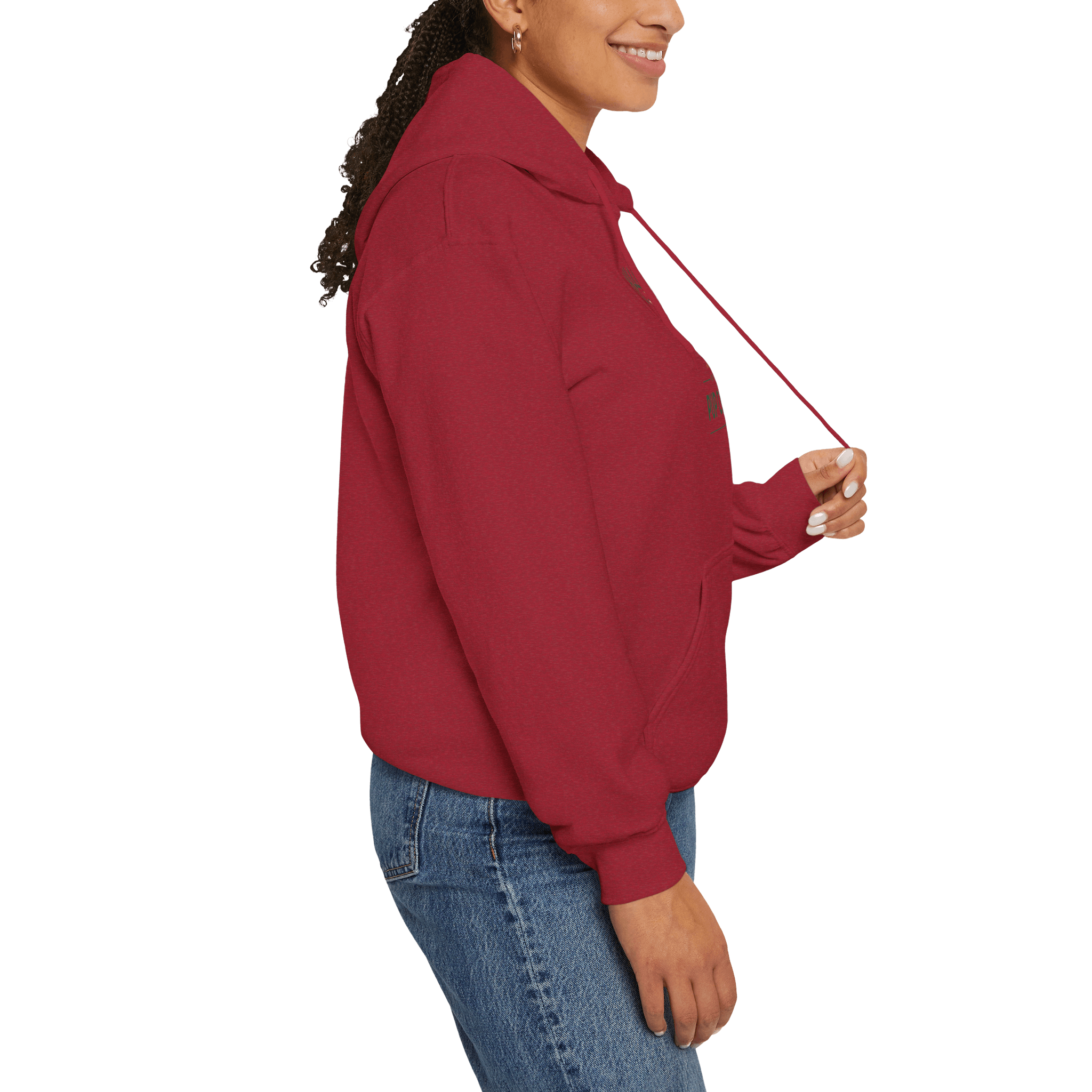 Side view of a woman wearing a cozy red hoodie, showcasing a relaxed fit, perfect for festive comfort and style.