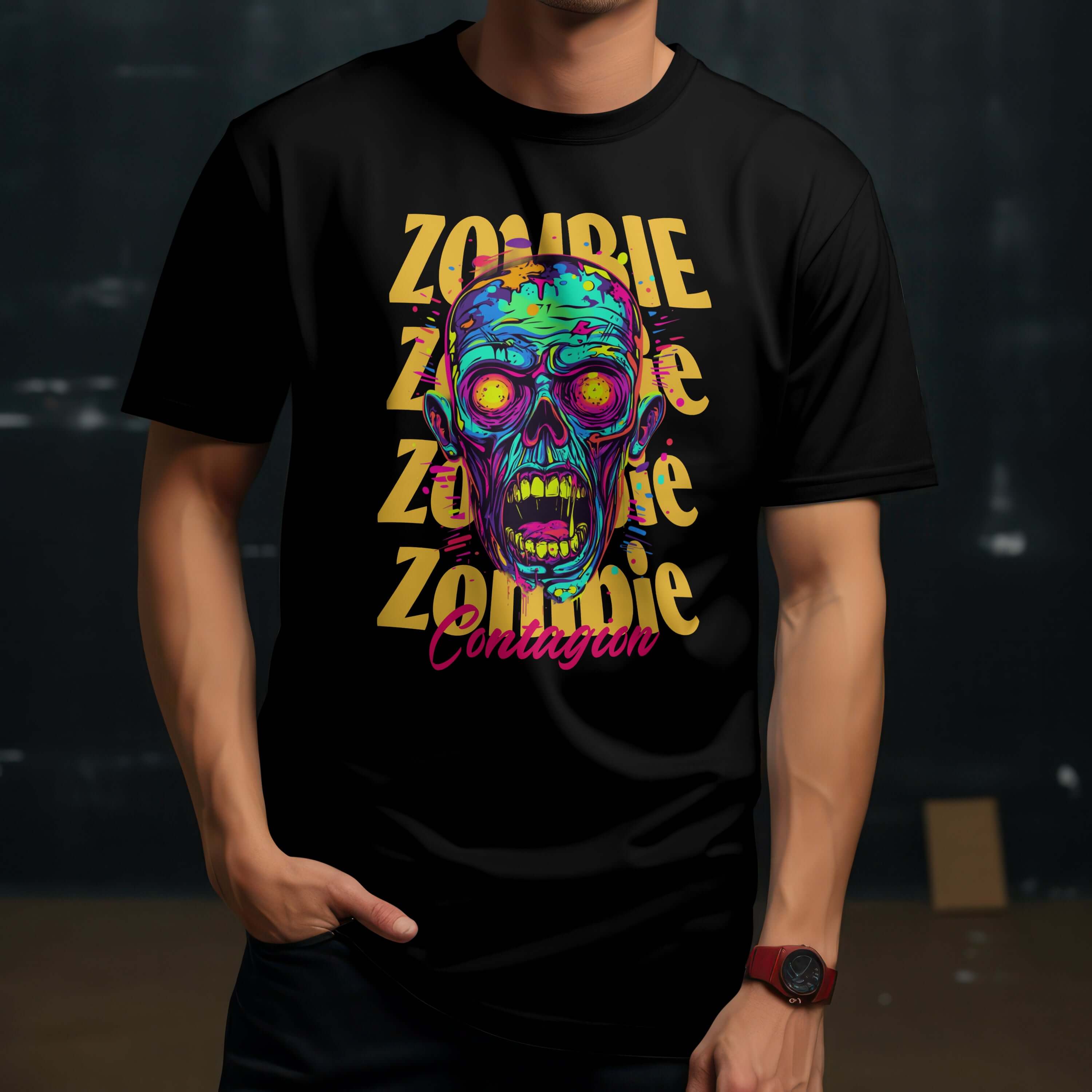 Bold zombie graphic tee for horror fans, featuring vibrant colors and detailed design. Comfortable unisex fit.