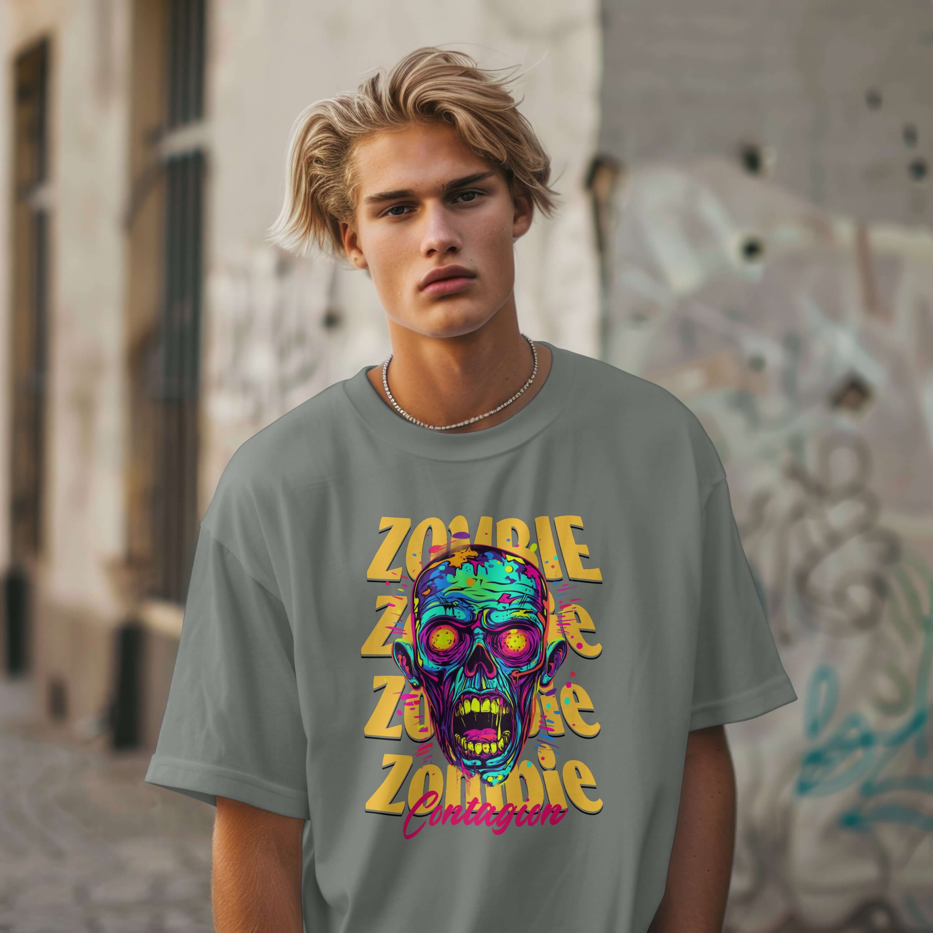 Unisex horror Zombie Contagion tee with vibrant skull graphic, perfect for comfort and statement fashion.