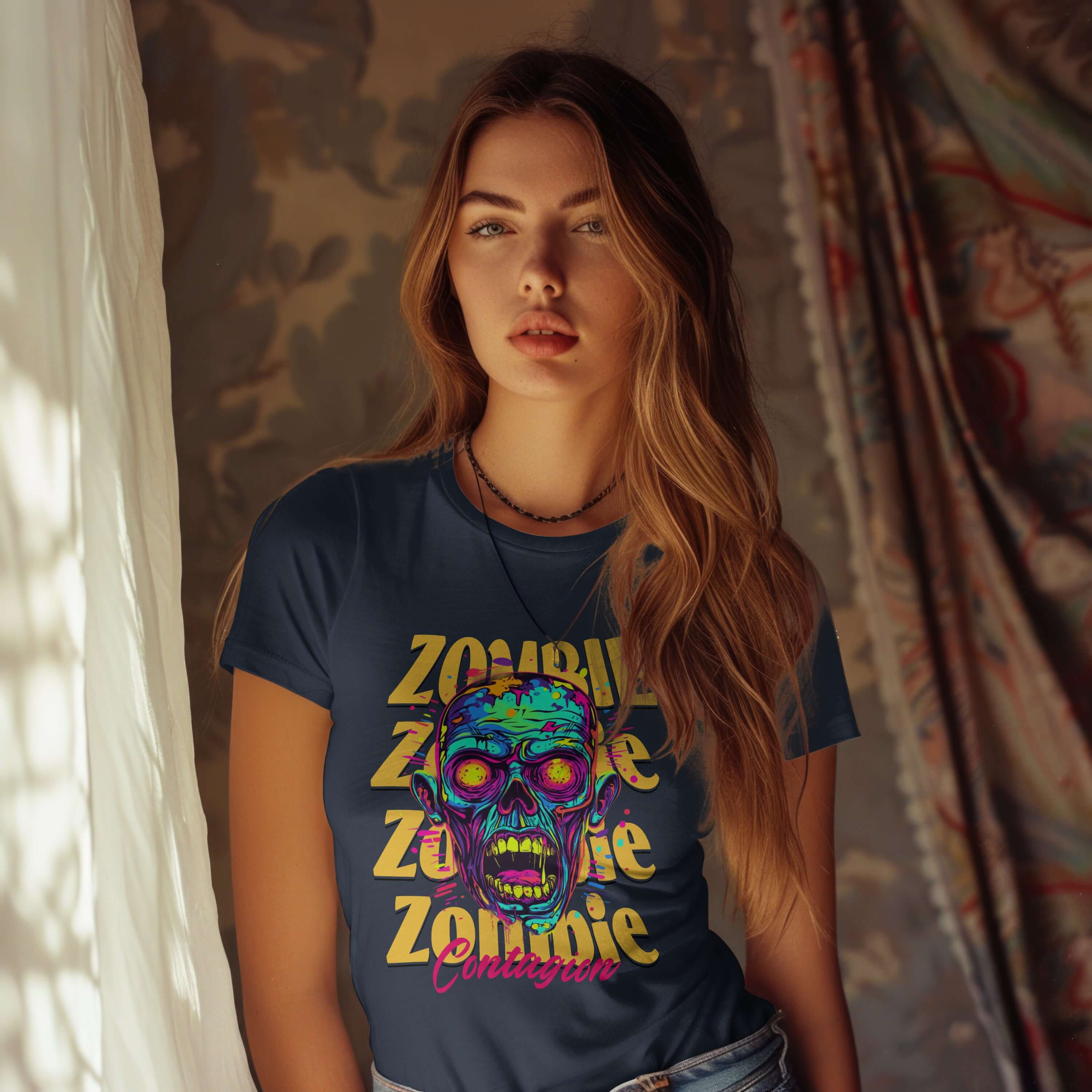 Zombie Contagion unisex tee featuring a vibrant skull design, perfect for horror fans and comfortable wear.